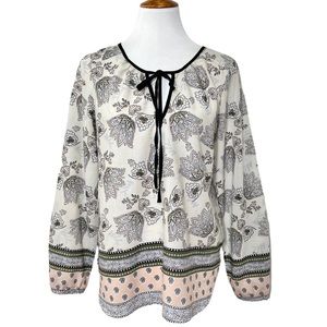 Sanctuary Floral Motif Print Pastel Cream Black Mixed Media Tie Neck Tunic Top S